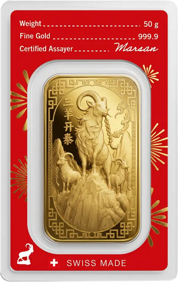 Lingou Aur Argor-Heraeus 50g | Anul Caprei 2027 (Year of the Goat) | Puritate 999,9‰ (24K)